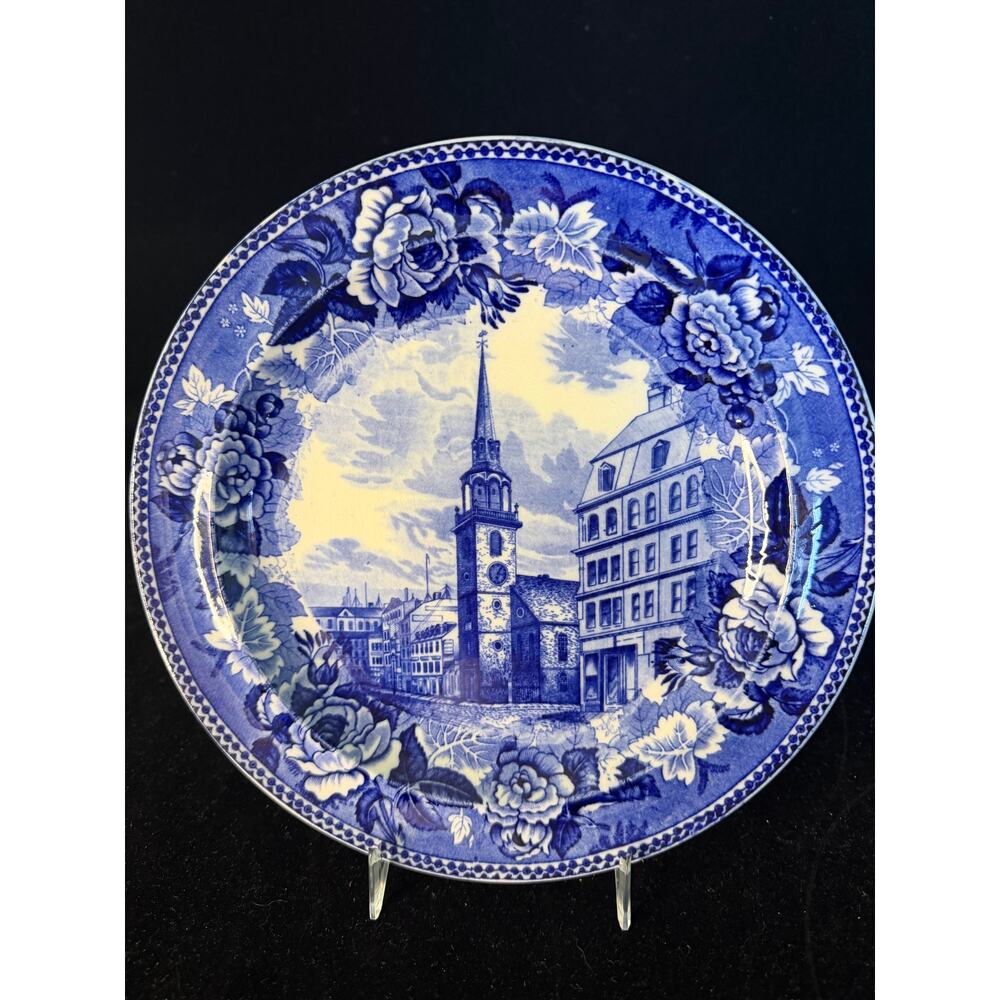 Wedgwood Old South Church 1773 Blue Transferware Plate 9 3/8 Boston Tea Party